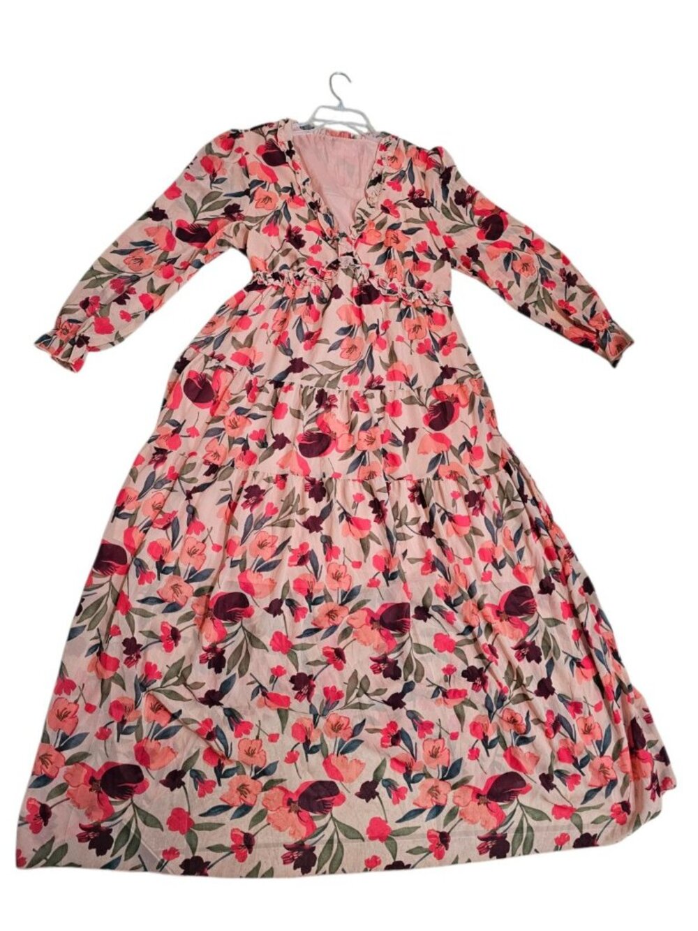 Boutique Womens L Maxi Dress Pink Chiffon Floral Tiered Gown Iconic Cottagecore - Picture 2 of 5